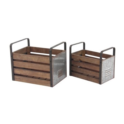 Set of 2 Rustic Wood and Iron Rectangular Storage Crates - Olivia & May