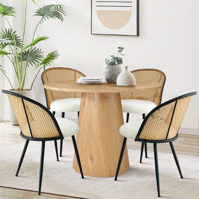 5-piece Modern Round Dining Table Set For 4, 35''Manufactured Grain Table with 4 Mesh Rattan Backrest Chair for Apartment, Dining Room-Maison Boucle