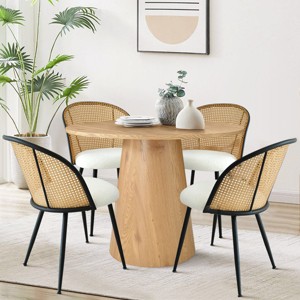 5-piece Modern Round Dining Table Set For 4, 35''Manufactured Grain Table with 4 Mesh Rattan Backrest Chair for Apartment, Dining Room-Maison Boucle - 1 of 4