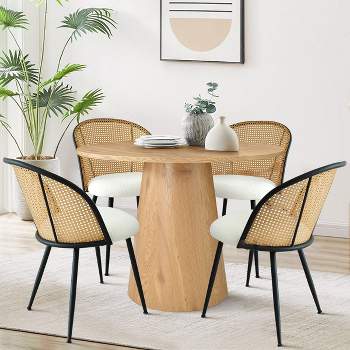 Dw+Jul Modern Round Dining Table Set For 4,Manufactured Grain Table with 35" and 4 White Bouclé Fabric Mesh Rattan Backrest Chair-The Pop Maison
