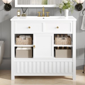 ORRD 36" Bathroom vanity with sink, multi-functional bathroom cabinet with doors and storage shelves, featuring drawers, White - 1 of 4