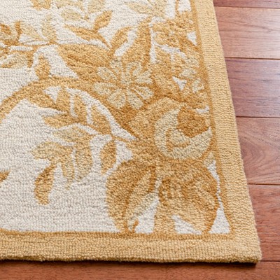 Ivory and Gold Floral Hand-Hooked Wool Area Rug