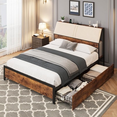Full Bed Frame with Ergonomic Headboard and Built-in Charging Station, Full Size Bed with Metal Support Slats