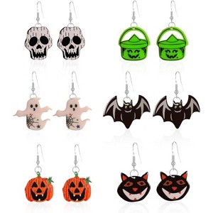 6 Pairs Lightweight Halloween Earrings Set - Cute Pumpkin, Bat & Ghost Dangle Jewelry for Women, Punk Acrylic Earrings with Box - 1 of 4
