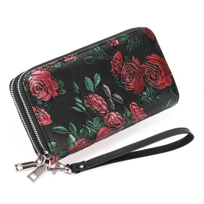 BEAFUP Women's Wallet,Creative Floral PrintLarge Capacity Double Zip Leather Wallet,RFID Blocking and Wristlet,(Random Print)