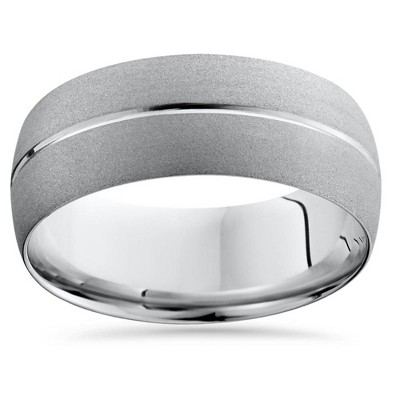 Pompeii3 14K White Gold Mens Brushed Single Groove Wedding Band 8mm