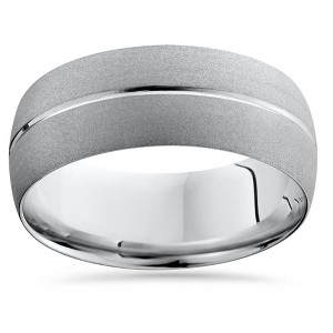 Pompeii3 14K White Gold Mens Brushed Single Groove Wedding Band 8mm - 1 of 3