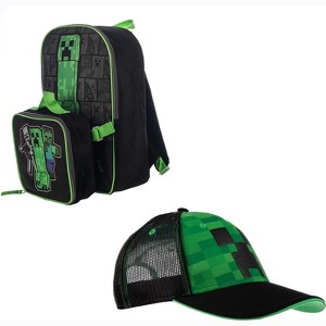 Minecraft Creeper Youth 16 Backpack With Lunch Box & Hat Combo Set - 1 of 4
