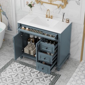 36-Inch Bathroom Vanity with Sink White Vanity Cabinet with Flip-Out Drawer 3 Drawers 2 Soft-Close Doors Solid Wood - 1 of 4