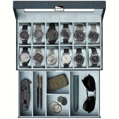 12 Slot Men Watch Case With Drawer, Watch Display Case With Glass Lid, 2-Layer Watch Holder Organizer