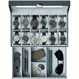 12 Slot Men Watch Case With Drawer, Watch Display Case With Glass Lid, 2-Layer Watch Holder Organizer - 1 of 4