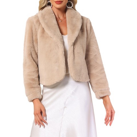 INSPIRE CHIC Women's Cropped Lapel Long Sleeve Fluffy Faux Fur Jackets Medium Khaki