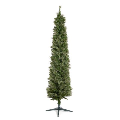 Home Heritage 7 Foot Pre-Lit Skinny Artificial Stanley Pencil Pine  Christmas Tree with Clear White Lights, Foldable Stand and Easy Assembly