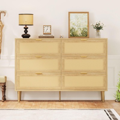 6-Drawer Rattan Dresser for Bedroom, Wide Double Dresser Chest of Drawers with Large Tabletop and Anti-Tip Design for Bedroom and Living Room