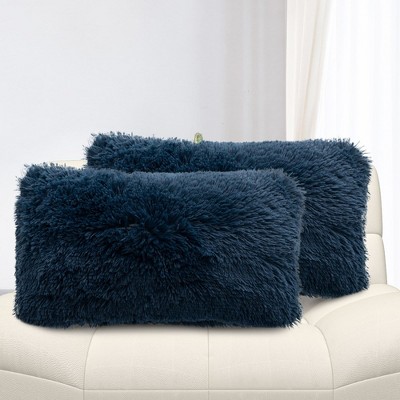 Navy Faux Fur Shaggy Throw Pillows Set of 2