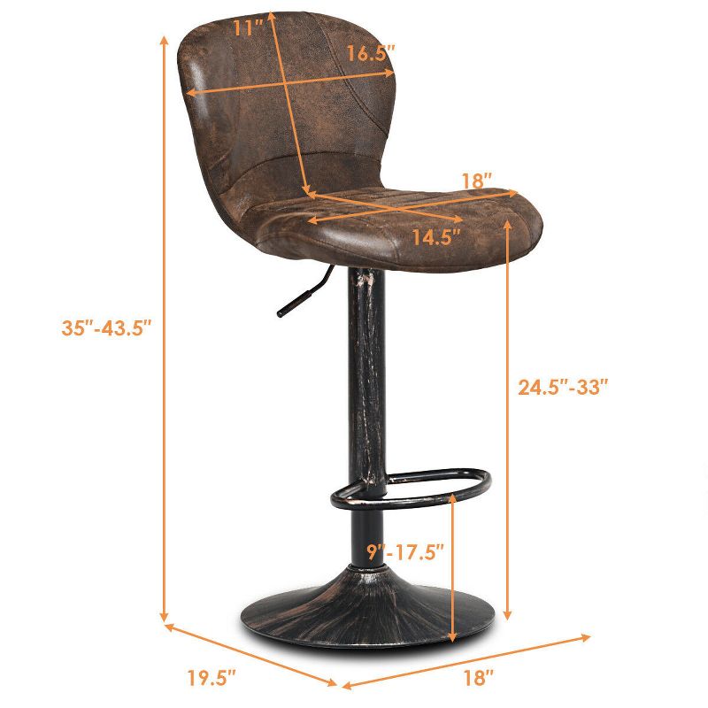 Costway Set of 2 Adjustable Swivel Bar Stool Hot-stamping Cloth with Backrest&Footrest Brown Low Back, 2 of 11