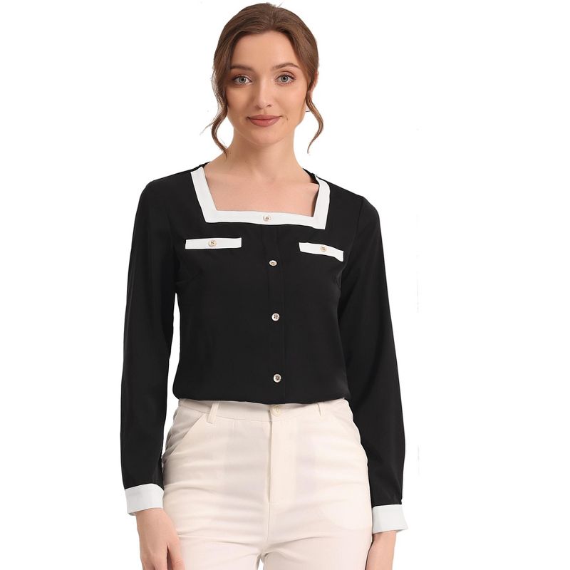 Allegra K Women's Contrast Long Sleeve Button Decor Front Square Neck Elegant Work Blouse, 1 of 6