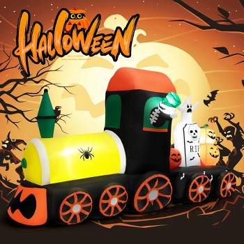 Costway 8ft Long Halloween Inflatable Skeleton Ride on Train LED Lighted Halloween Decor