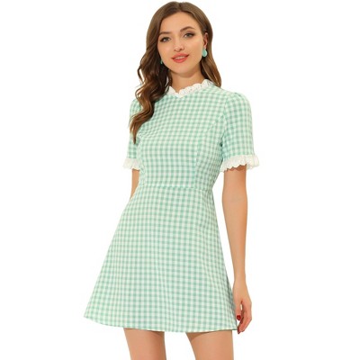 Allegra K Women's Summer Ruffle Neck Lace Panel Short Sleeve Check Gingham Dress