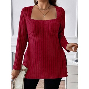 Plus Size Tops for Women Dressy Square Neck Long Sleeve Shirts Ribbed Knit Pullover Sweaters - 1 of 3