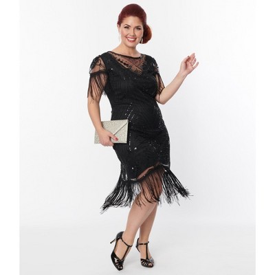 Unique Vintage Women's Plus Beaded Fringe Sleeve Nadine Flapper Dress