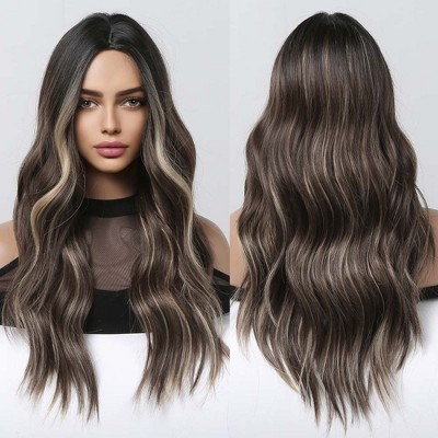 Jessie's Wig 22 Inch Long Wavy Synthetic Wigs Brown Blonde Highlight With Black Roots 1 Pc/Pack