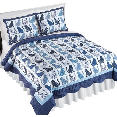 Collections Etc Cozy Chloe Blue-Toned Cat Design Scalloped Edge Quilt