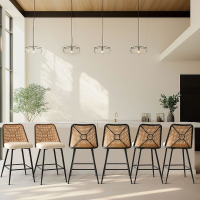 Set of 6 Rattan Back Counter Bar Stools,Double Layer Paded Counter Height Chairs for Dining Room,Island,Home Bar-Tanpinhause