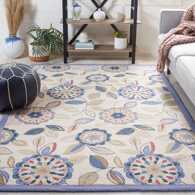 Ivory and Blue Floral Hand-Knotted Wool Area Rug