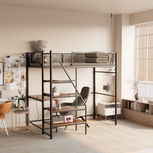 Okak Metal Twin Sized Loft Bed with Build-In Desk, Twin Bed with Security Guardrail and Storage Shelves, Bunk Bed for Kids and Adults - 1 of 4