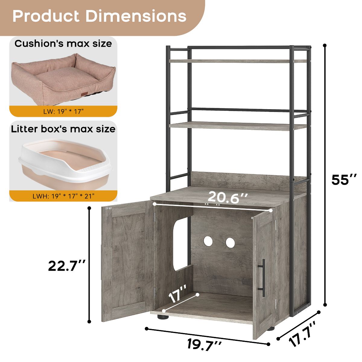 Cat Litter Box Enclosure with Storage Shelves, 2-in-1 Hidden Furniture Cabinet for Indoor Cat House with Door, Grey - thumbnail 3