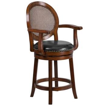 Flash Furniture 26'' High Expresso Wood Counter Height Stool with Arms, Woven Rattan Back and Black LeatherSoft Swivel Seat