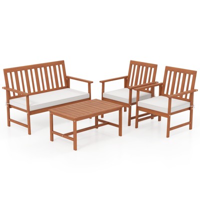 Tangkula 4-Piece Acacia Wood Patio Conversation Set Outdoor Furniture Set w/ 2 Armchairs