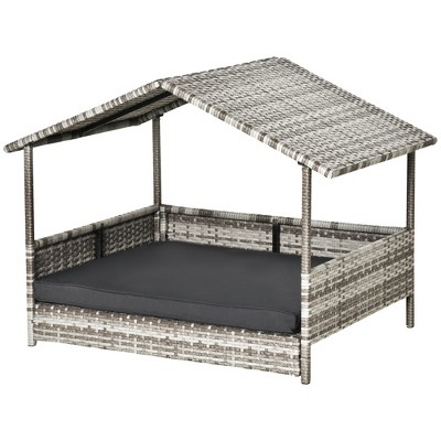 Medium Charcoal Gray Rattan Elevated Outdoor Dog Bed with Canopy