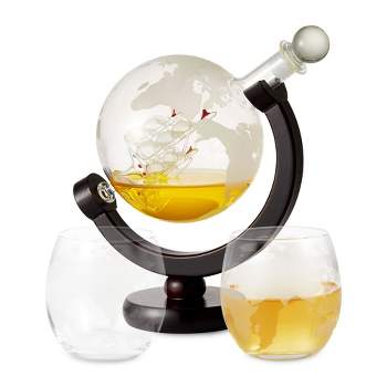 Berkware Globe Etched Whiskey Decanter Set with Interior Hand-Crafted Glass Ship - 28oz with 2 10oz Globe Glasses