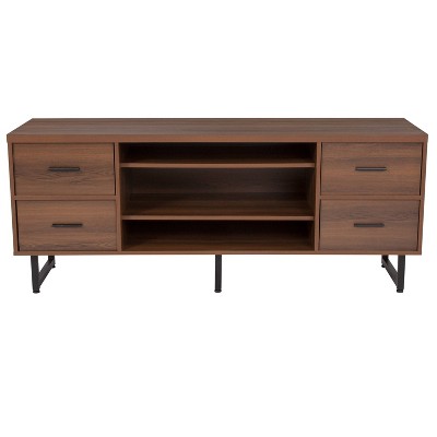 Cambridge Three Shelf and Four Drawer TV Stand for TVs up to 65" with Square Metal Legs Rustic - Merrick Lane