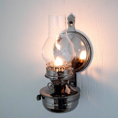 Pewter Wall Mount Oil Lamp with Clear Glass Chimney
