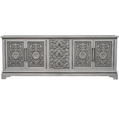 HomeRoots 106" Gray Distressed Solid Wood Carved Floral Three Drawer Sideboard with Four Doors