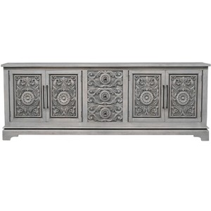 HomeRoots 106" Gray Distressed Solid Wood Carved Floral Three Drawer Sideboard with Four Doors - 1 of 4