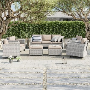 Sonkuki 8-Piece Patio Conversation Set, Outdoor Furniture Set with 4 Rattan Swivel Rocking Chairs, Side Table, Ottoman and Navy Blue Cushion - 1 of 4