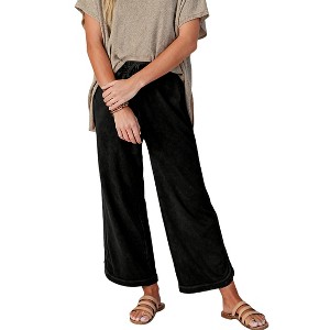 Womens High Waiste Wide Leg Cropped Elastic Waist Drawstring Pants with Pockets - 1 of 4
