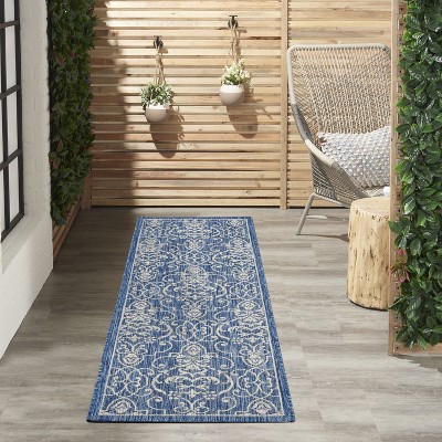 Timeless Denim and White Party Scroll 2'2" x 7'6" Indoor/Outdoor Rug