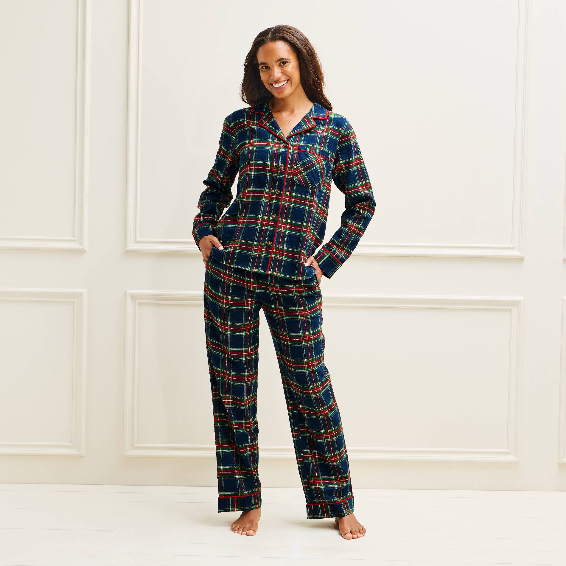 Women's Holiday Plaid Flannel Matching Family Pajama Set - Wondershop™ Navy Blue S