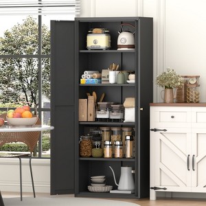 Gulches 2-Door Metal Storage Cabinet - Tall Steel Kitchen Pantry with Adjustable Shelves, Gold Handles, for Kitchen/Living Room/Office (White) - 1 of 4