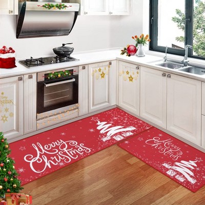 17x29In+17x47In,Christmas Kitchen Rugs and Mats Sets of 2 Winter Holiday Tree and Snow Floor Mat Sets Red Non Slip Non Shedding Washable Rug