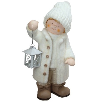 Northlight 18" White and Brown Winter Boy Tealight Lantern Christmas Table Top Figure