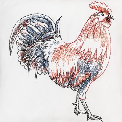 18" White and Multicolor Embroidered Rooster Throw Pillow