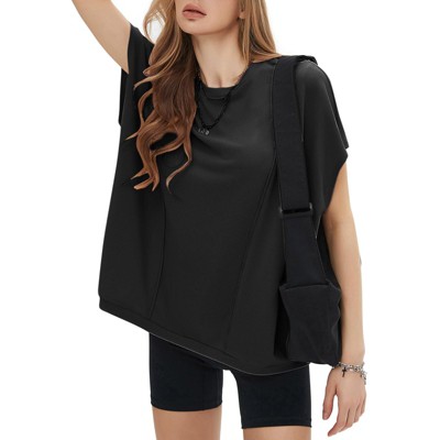 EXLURA Women's Summer Exposed Seams Oversized Tops 2025 Casual Workout T Shirts Trendy Pleated Dressy Crewneck Tunic Outfits