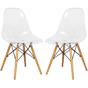 LeisureMod Cresco (Set of 2) Mid-Century Modern Acrylic Dining Chairs with Wooden Dowel Eiffel Legs – Kitchen & Dining Room Chairs - 1 of 4