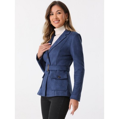 INSPIRE CHIC Women's Faux Suede Belted Lapel Single Breasted Work Outwear Blazer X-Small Dark Blue — фото 3